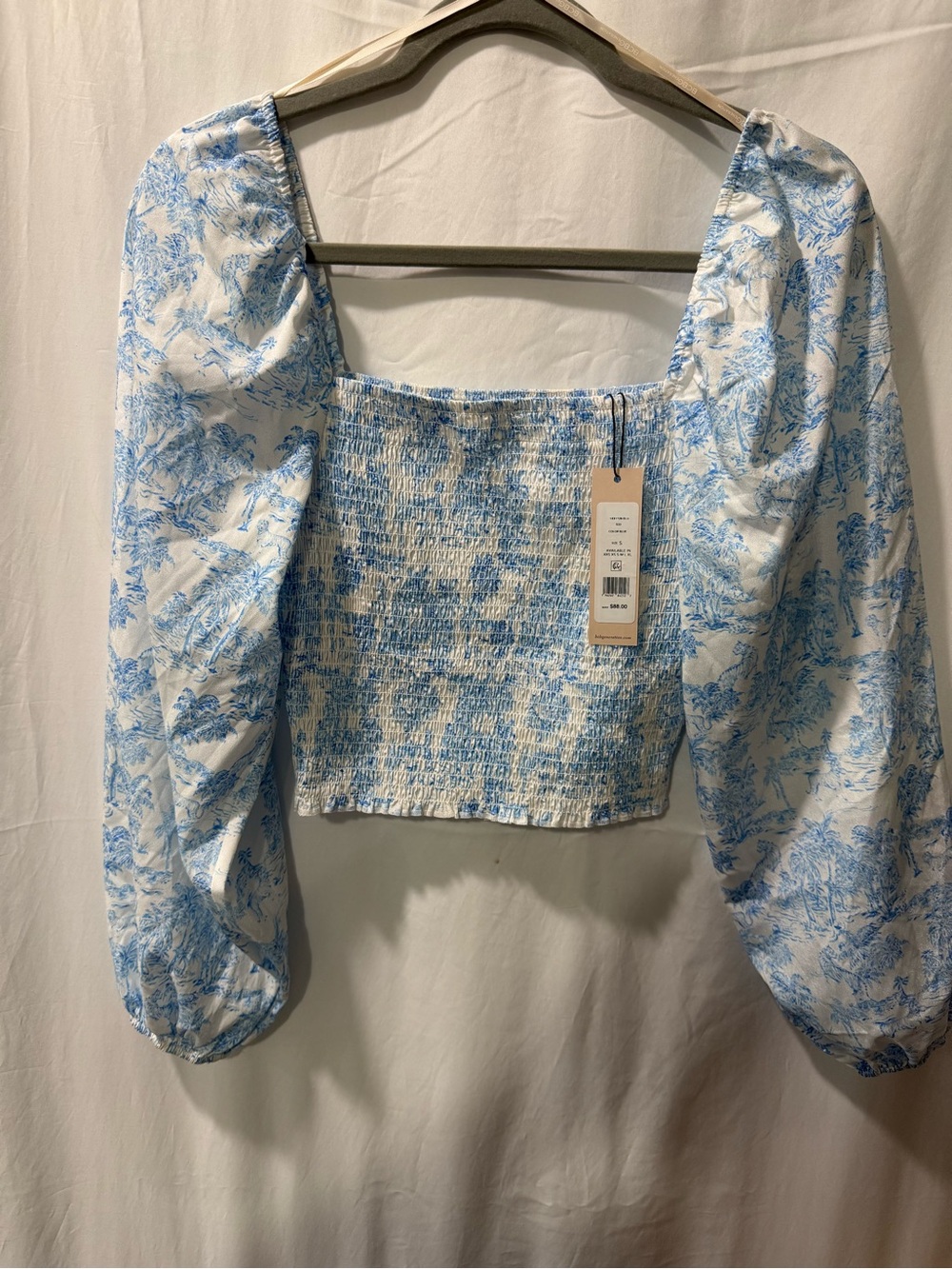 BCBGeneration Blue and White Smocked Puff-Sleeve Crop Top